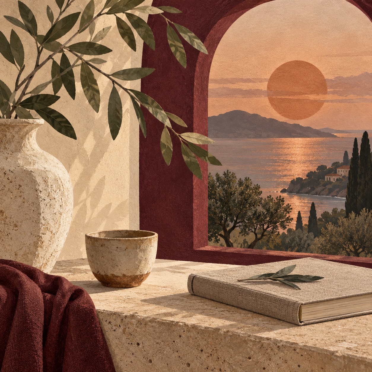 Original illustration of a quiet evening window with a cup, book and copper sun.